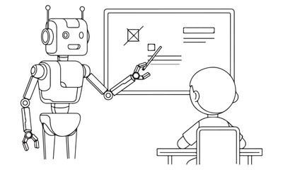 Robot Teacher Explaining to a Student with a Whiteboard, Line Art Illustration
