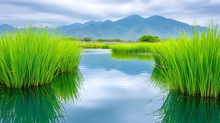 Serene Green Grass and Calm Water Under Cloudy Sky Landscape