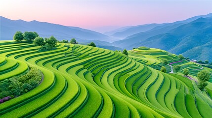 Lush Green Rice Terraces Rolling Across Serene Mountain Landscape