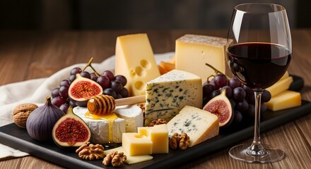 Luxury gourmet cheese board with assorted cheeses grapes figs honey walnuts and red wine pairing