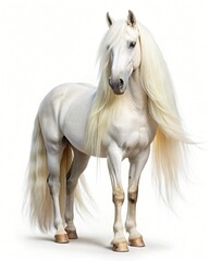 Obraz premium White Andalusian horse with long flowing mane and tail standing on white background
