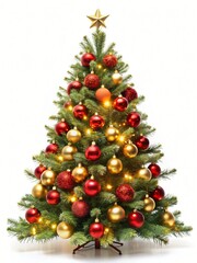 Decorated Christmas tree with red and gold ornaments and lights on white background