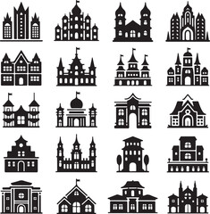 Obraz premium Set of black and white architectural building and castle icons Keywords: building, architecture