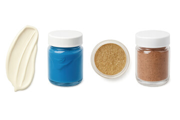 Collection of Artistry Materials: Creamy White, Vibrant Blue, Shimmering Gold, and Earthy Brown Paints for Creative Projects isolated on white or transparent png