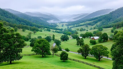 Serene Green Valley Landscape with Misty Mountains and Lush Trees