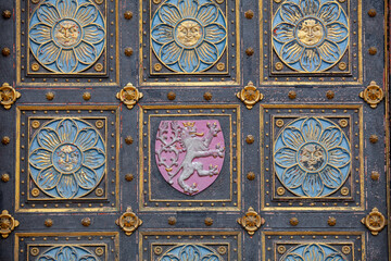 Basilica of St. Peter and St. Paul, decorative door on main facade, Prague, Czech Republic