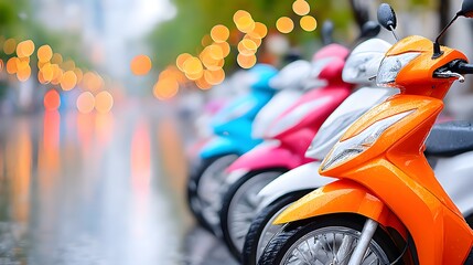 Vibrant Scooters Lined Up on a Wet Street with Colorful Bokeh