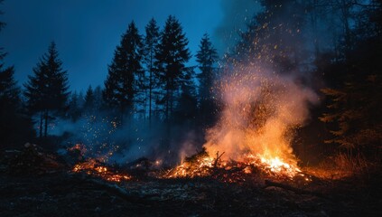 A large bonfire burns at night in a forest