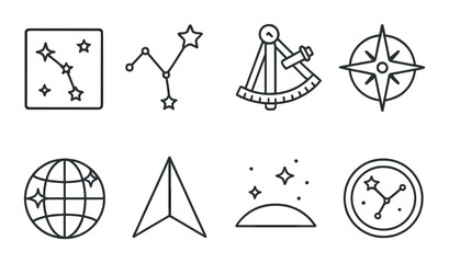 Set of astronomy icons: stars, constellation, sextant, compass, globe, direction, horizon, astrolabe