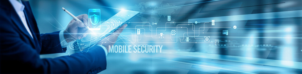 The cybersecurity team is using a tablet and analyzing mobile security threats, encryption...