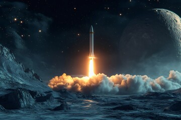 Rocket ship lifting off from Moon surface at night with starry sky and large planet in background, concept of space travel and exploration