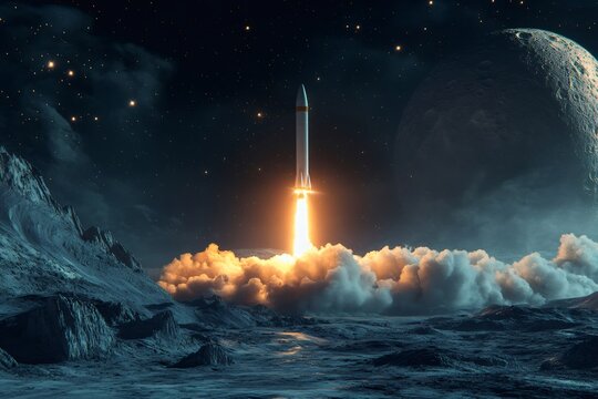 Rocket ship lifting off from Moon surface at night with starry sky and large planet in background, concept of space travel and exploration