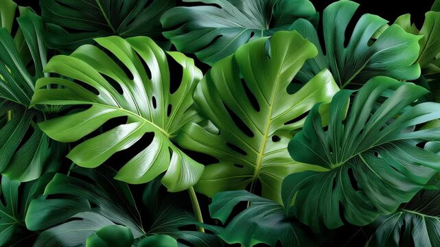 Vibrant Tropical Monstera Leaves with Intricate Patterns in Various Shades of Green