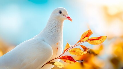 Fototapeta premium White dove holding olive branch flying against soft blue sky with warm sunlight and golden autumn leaves, symbol of peace and hope.