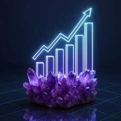 A striking 3D visualization where raw amethyst clusters rise from a glossy glass floor and serve as the foundation for a sleek set of polished bars that form a rising financial chart