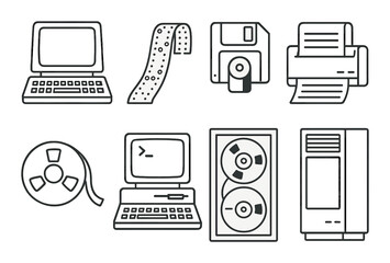 Retro technology icons: computer, printer, floppy disk, tape reel, and punch card