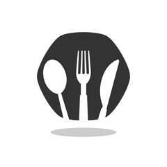 Fork, knife, plate and spoon icon with shadow