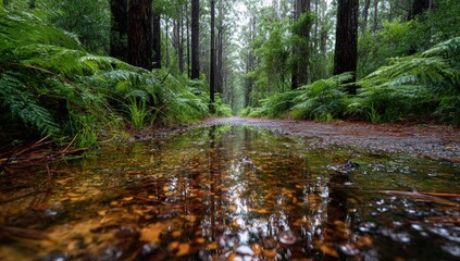 Obraz premium A puddle reflecting a forest path