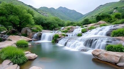 Serene Waterfall Flowing Through Lush Green Landscape in Mountains