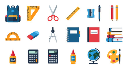 Colorful flat vector icon set of various school supplies including a backpack, books, and stationery items.