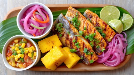 Grilled Fish with Fresh Vegetables and Pineapple on Wooden Platter