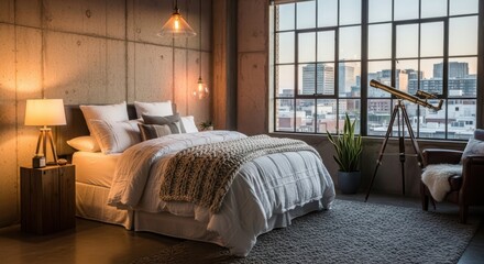 Obraz premium Cozy industrial bedroom oasis with city views and vintage telescope