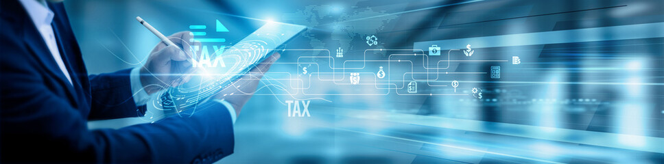 The tax advisor team is using a tablet and analysis. tax compliance, filing documentation...