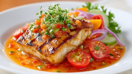 Grilled Fish with Fresh Vegetables and Colorful Salsa Garnish