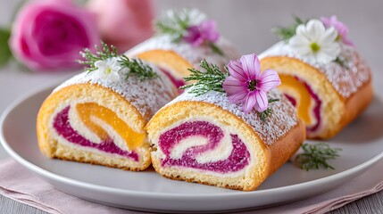 Colorful Cake Rolls with Cream Filling and Edible Flowers Decor