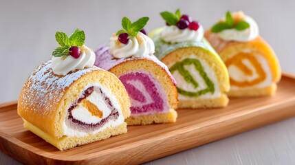 Colorful Rolled Cake Slices with Cream and Fresh Berries Displayed