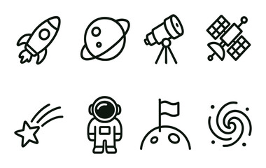 Space icons: rocket, planet, telescope, satellite, meteor, astronaut, flag, galaxy