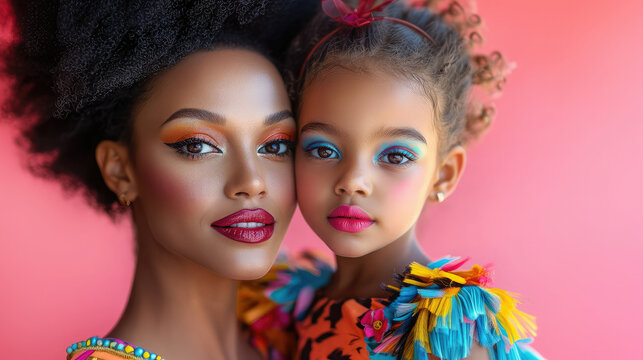  african american mother and daughter with beautiful makeup paint each other with lipstick on pink background, woman and girl have fun, mom and child, beauty salon, mother's day