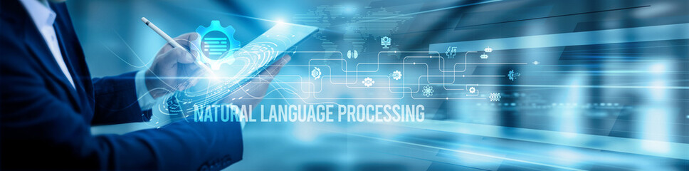 NLP engineer team is using a tablet and analyzing natural language processing models, text analysis...