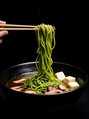A lifelike, cinematic close-up of chopsticks lifting vibrant green matcha-infused ramen noodles.