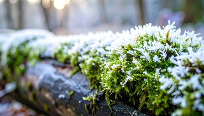 Obraz premium Delicate frost crystals adorn vibrant green moss on a weathered log, showcasing the beauty of a winter's day.