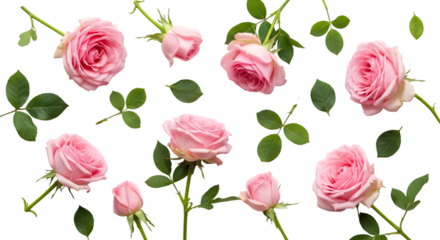 Pink roses and leaves on black background