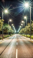 A dimly lit empty road with modern LED streetlights casting a soft glow on the surrounding darkness