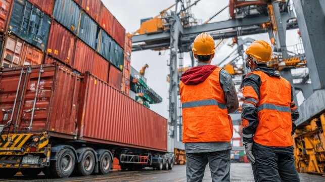 Port Workers Observing Shipping Containers and Cranes
