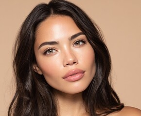 Fototapeta premium Close-up portrait showcasing a woman with flawless skin and soft makeup, highlighting her natural beauty against a neutral backdrop.