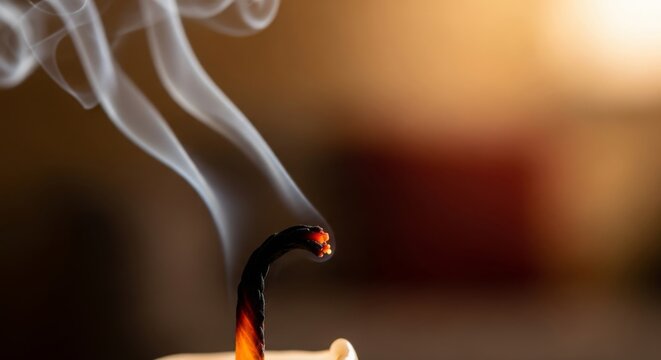 Smoldering candle wick with delicate wisps of smoke creating a calming and reflective mood