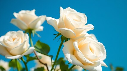 Close-up of pristine white roses against a vivid blue sky, capturing the essence of springtime beauty.