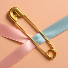 A minimal-surreal still life: a giant polished gold safety pin elegantly clasps two pastel satin ribbons, the hard metallic arc meeting soft, flowing fabric a quiet symbol of strength