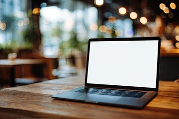 Laptop on wooden table in cafe with blank screen.