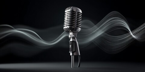 A sleek vintage-style microphone stands centered against a dark background with dynamic sound waves flowing behind it.