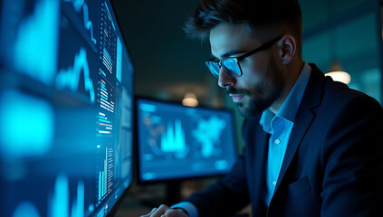 Focused man in glasses analyzing complex data on glowing blue computer screens in a dark room