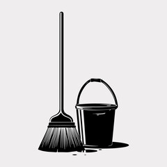 Mop Bucket Isolated Simple Vintage Graphic, Mop And Bucket Vector Drawing Clip Icon Set
