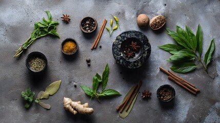 Asian cuisine ingredients beautifully arranged on a rustic stone surface with fresh herbs and spices.