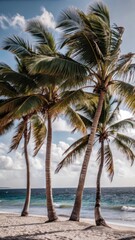 Fototapeta premium Sunny palm trees swaying in ocean breeze on West Bay Beach at Cayman Islands