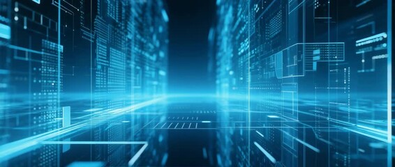 Digital binary code lines form a futuristic network on an abstract blue background - Powered by Adobe