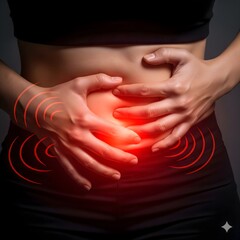 Woman suffering from severe stomach ache and holding her abdomen. Concept of menstrual cramps, period pain, indigestion, gastritis, or digestive system problems and discomfort